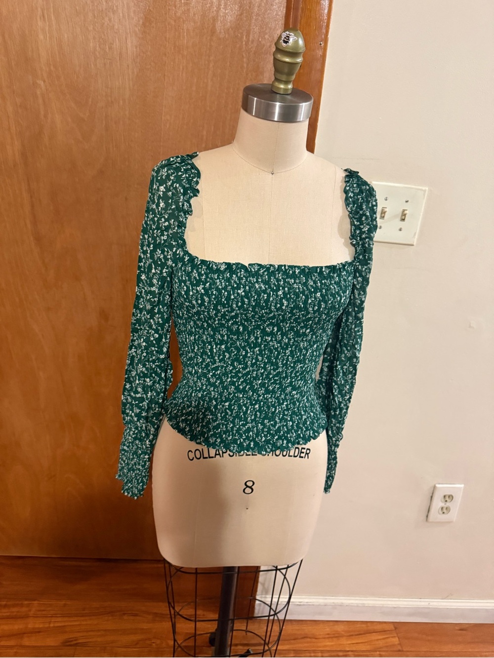 Reformation Green Floral Smocked Square-Neck Long Sleeve Top